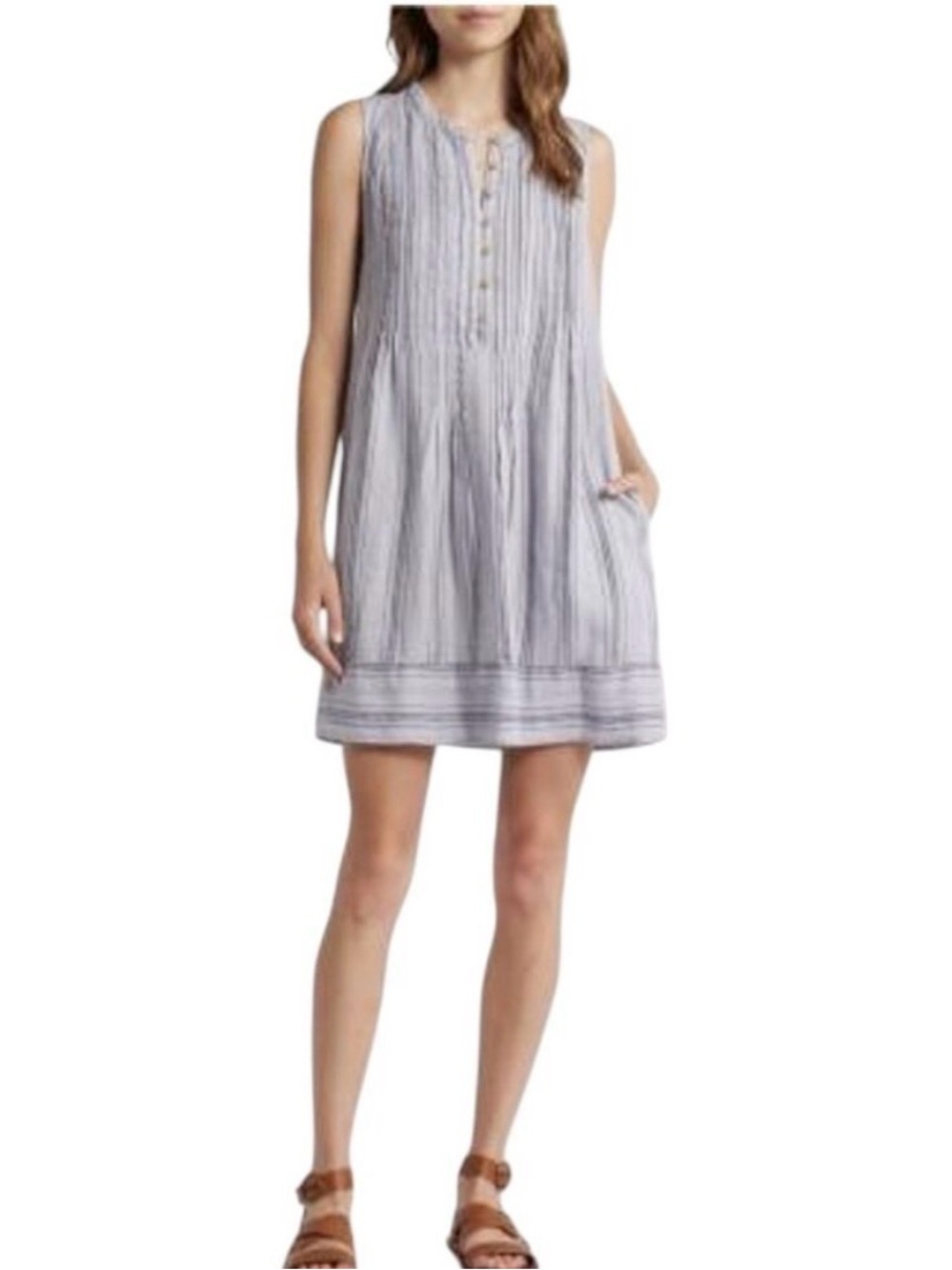 Faherty Isha Linen Pintuck Sleeveless Dress Day Lily Stripe Light Blue/Indigo
